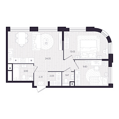 2-комнатная 57,42 м&sup2;
