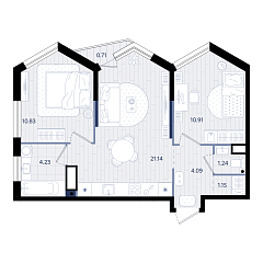 2-комнатная 53,8 м&sup2;