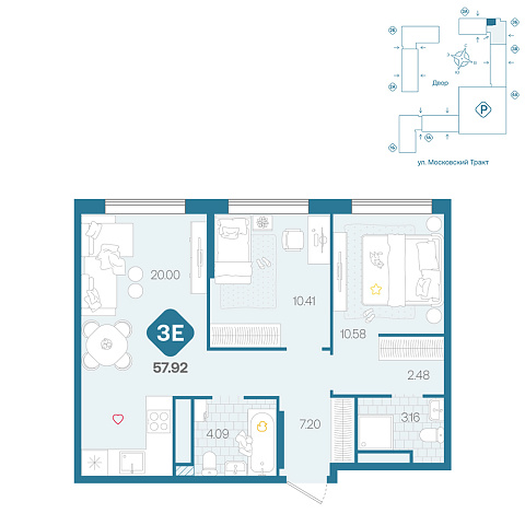 Планировка: Евротрешка 57.9 м² в ЖК Сибирский, Московский тракт