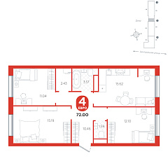 3-комнатная 72 м&sup2;