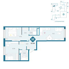 2-комнатная 61,84 м&sup2;