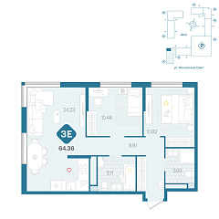 2-комнатная 64,36 м&sup2;