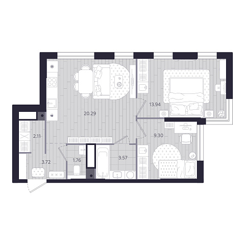 Планировка: Евротрешка 54.7 м² в ЖК Форсо, Зарека