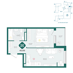 1-комнатная 40,89 м²