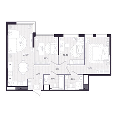 3-комнатная 74,46 м&sup2;