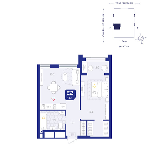 Планировка: Евродвушка 43.7 м² в ЖК Космо, 5-й Заречный