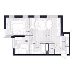 2-комнатная 54,59 м&sup2;
