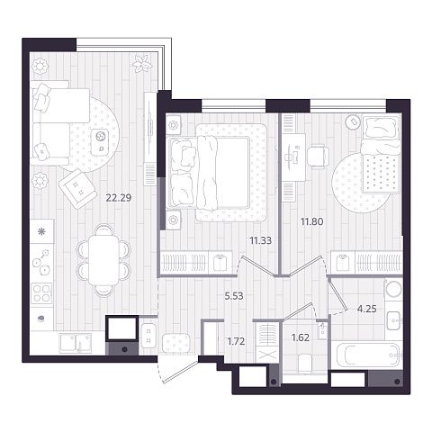 Планировка: Евротрешка 58.5 м² в ЖК Форсо, Зарека