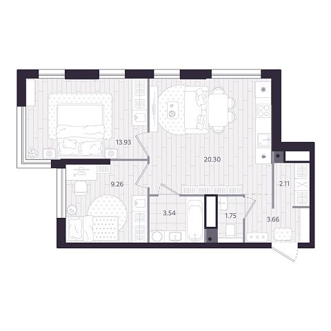Планировка: Евротрешка 54.5 м² в ЖК Форсо, Зарека